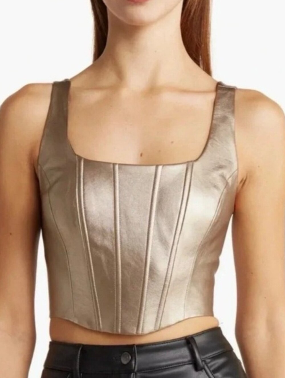 NWT BCBG Metallic Gold Square-Neck Corset Crop Top Zip Back Sz M